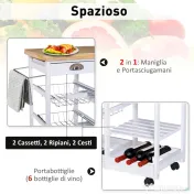 HOMCOM Cărucior pentru Bucătărie cu Sertare și Suport pentru Sticle Design Elegant în Lemn și Alb | Aosom Romania 