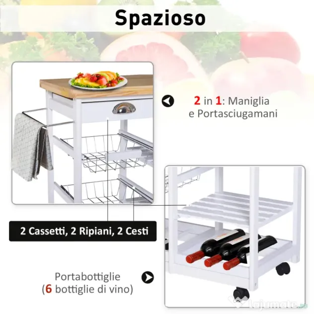 HOMCOM Cărucior pentru Bucătărie cu Sertare și Suport pentru Sticle Design Elegant în Lemn și Alb | Aosom Romania