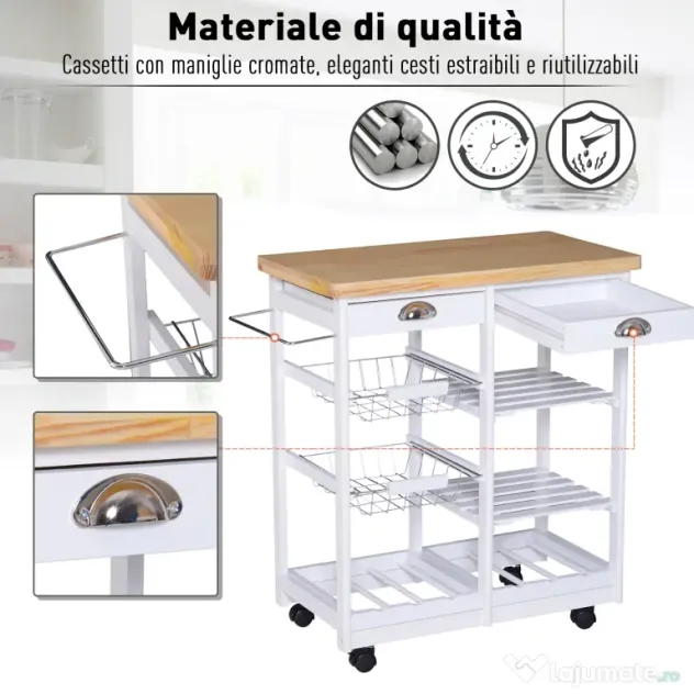 HOMCOM Cărucior pentru Bucătărie cu Sertare și Suport pentru Sticle Design Elegant în Lemn și Alb | Aosom Romania