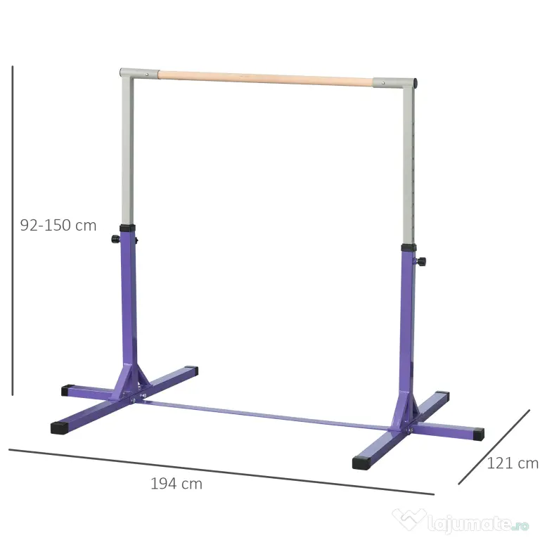 HOMCOM Bară de Gimnastică pentru Copii 3+ Ani cu Înălțime Reglabilă, Oțel și Lemn de Fag, Violet | Aosom Romania