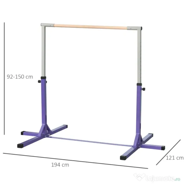 HOMCOM Bară de Gimnastică pentru Copii 3+ Ani cu Înălțime Reglabilă, Oțel și Lemn de Fag, Violet | Aosom Romania