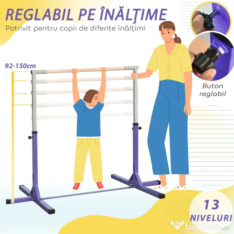 HOMCOM Bară de Gimnastică pentru Copii 3+ Ani cu Înălțime Reglabilă, Oțel și Lemn de Fag, Violet | Aosom Romania