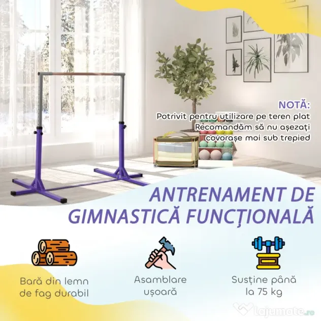 HOMCOM Bară de Gimnastică pentru Copii 3+ Ani cu Înălțime Reglabilă, Oțel și Lemn de Fag, Violet | Aosom Romania