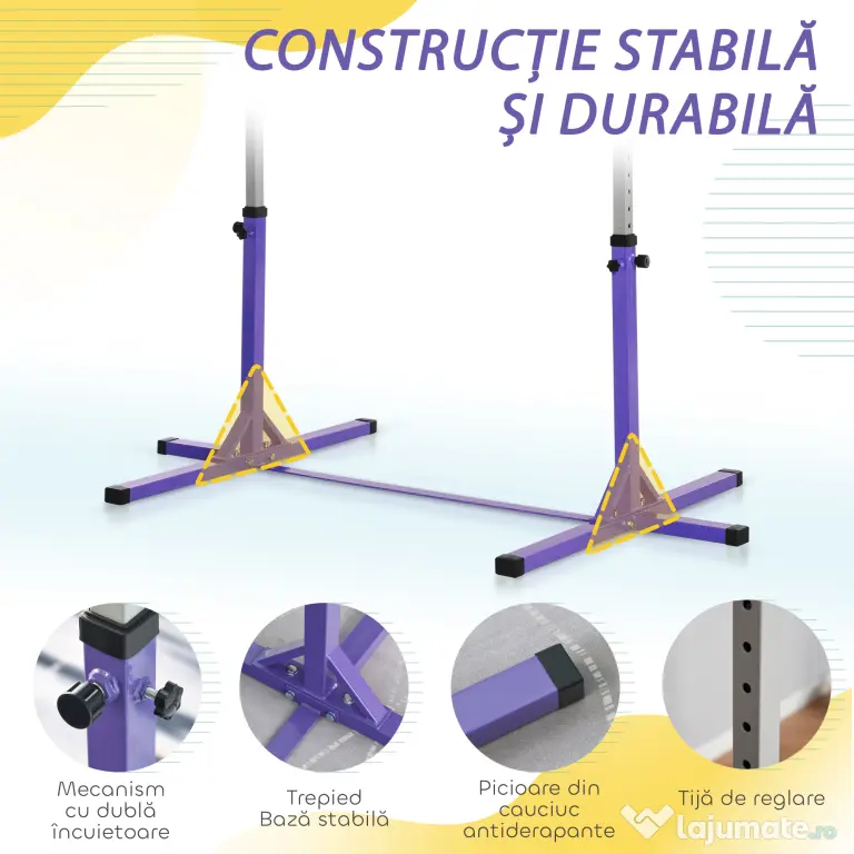 HOMCOM Bară de Gimnastică pentru Copii 3+ Ani cu Înălțime Reglabilă, Oțel și Lemn de Fag, Violet | Aosom Romania