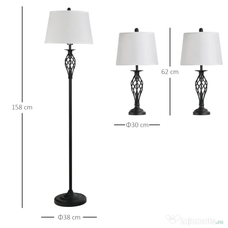 HOMCOM Set 3 Lampi pentru Interior (2 de Masa si 1 de Podea), Design Modern, pentru Living sau Dormitor | Aosom Romania