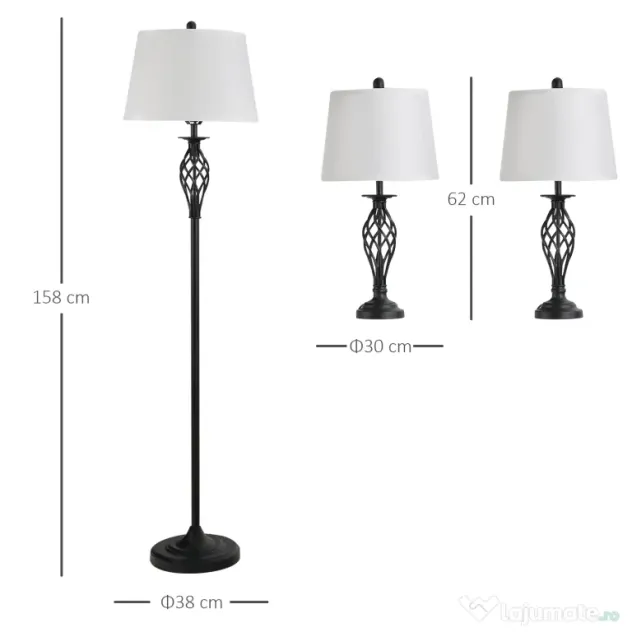 HOMCOM Set 3 Lampi pentru Interior (2 de Masa si 1 de Podea), Design Modern, pentru Living sau Dormitor | Aosom Romania