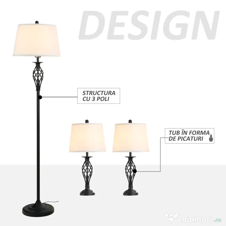 HOMCOM Set 3 Lampi pentru Interior (2 de Masa si 1 de Podea), Design Modern, pentru Living sau Dormitor | Aosom Romania
