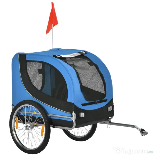 PawHut Remorcă de Bicicletă pentru Câini cu Punct de Atașare, Ferestre Laterale și Steguleț, 130x73x90 cm, Albastru | Aosom Romania