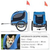 PawHut Remorcă de Bicicletă pentru Câini cu Punct de Atașare, Ferestre Laterale și Steguleț, 130x73x90 cm, Albastru | Aosom Romania 
