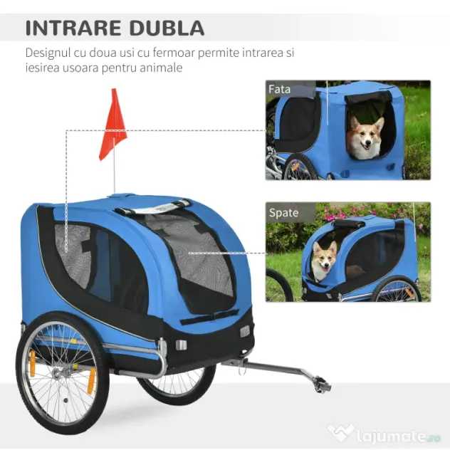 PawHut Remorcă de Bicicletă pentru Câini cu Punct de Atașare, Ferestre Laterale și Steguleț, 130x73x90 cm, Albastru | Aosom Romania