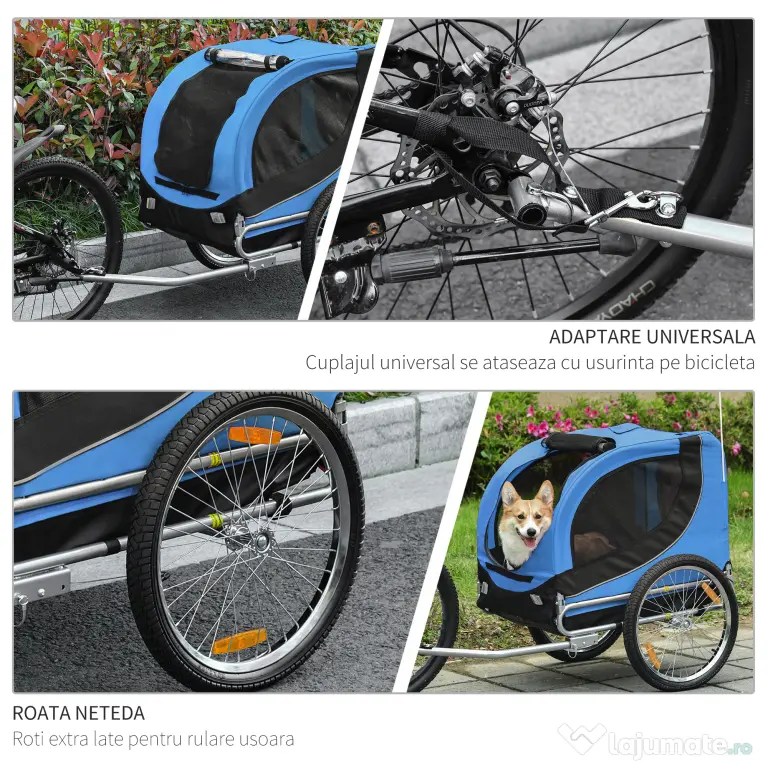 PawHut Remorcă de Bicicletă pentru Câini cu Punct de Atașare, Ferestre Laterale și Steguleț, 130x73x90 cm, Albastru | Aosom Romania