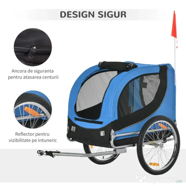 PawHut Remorcă de Bicicletă pentru Câini cu Punct de Atașare, Ferestre Laterale și Steguleț, 130x73x90 cm, Albastru | Aosom Romania
