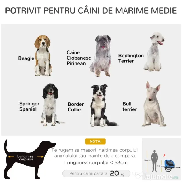 PawHut Remorcă de Bicicletă pentru Câini cu Punct de Atașare, Ferestre Laterale și Steguleț, 130x73x90 cm, Albastru | Aosom Romania