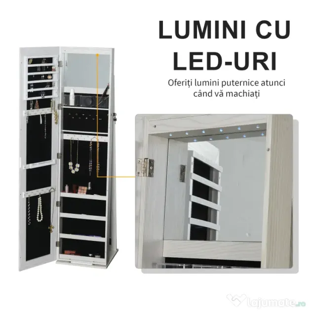 HOMCOM Dulap Bijuterii LED Alb cu Cheie | Aosom Romania