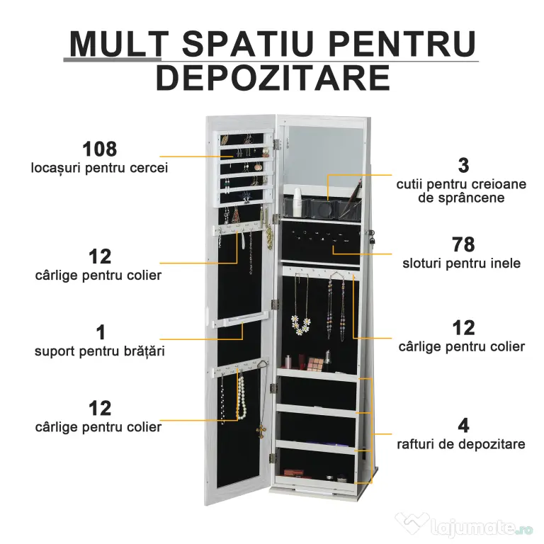 HOMCOM Dulap Bijuterii LED Alb cu Cheie | Aosom Romania