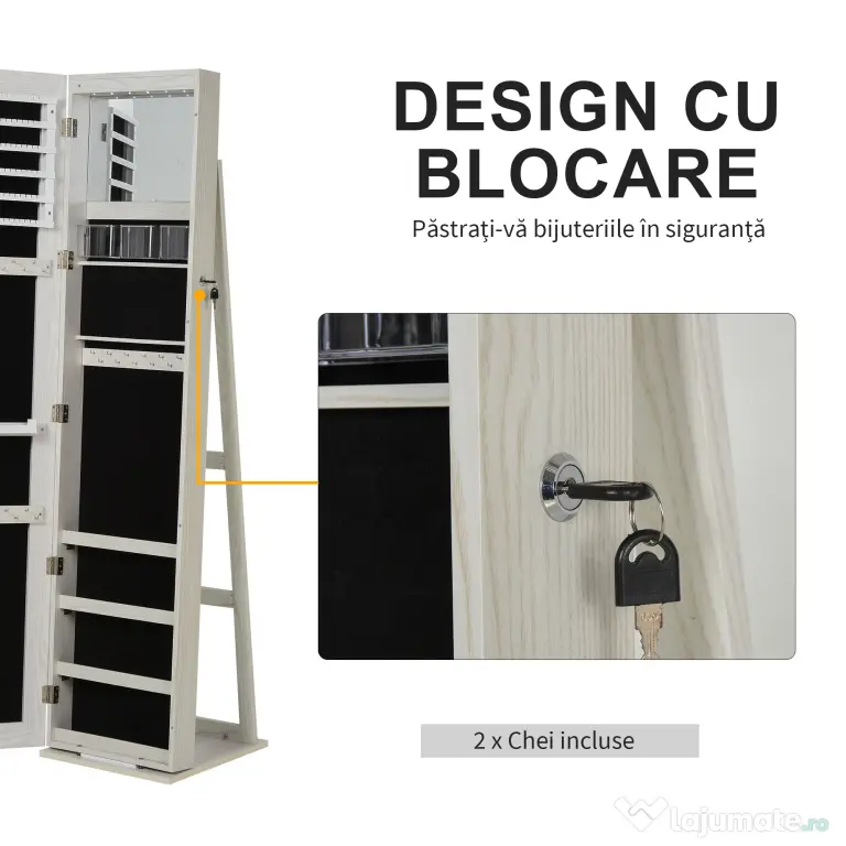 HOMCOM Dulap Bijuterii LED Alb cu Cheie | Aosom Romania
