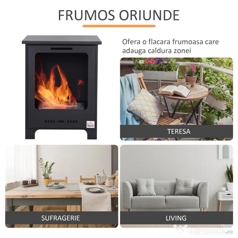 HOMCOM Semineu pe Bioetanol incalzitor soba cu bietanol aparat de incalzire 1.5L in Otel Fara Cos Negru 40 x 30 x 50 cm | AOSOM RO