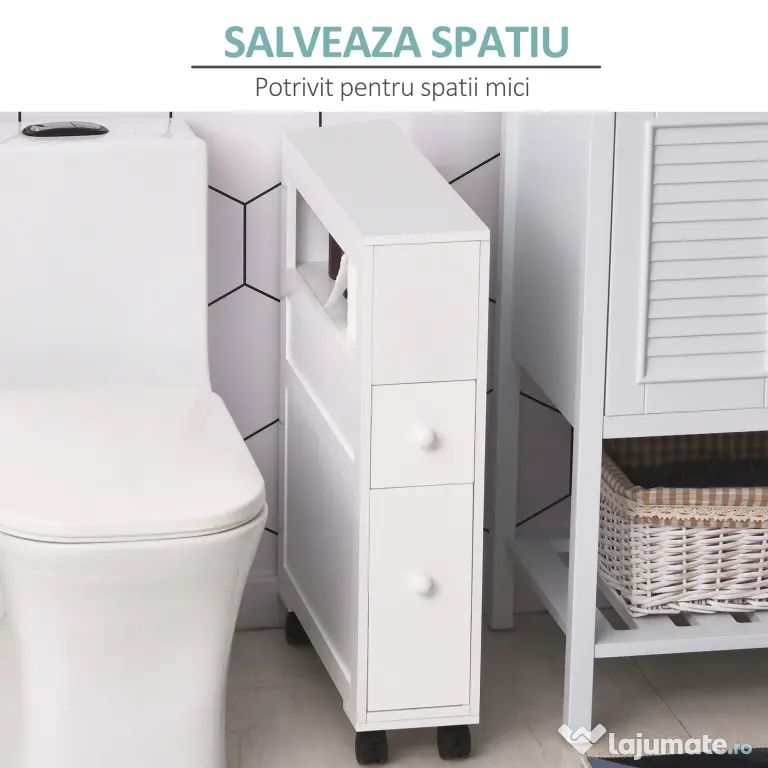 HOMCOM Mobilier Baie din Lemn, Rafturi și 2 Sertare, 16x52x66 cm, Design Modern, Alb | Aosom Romania