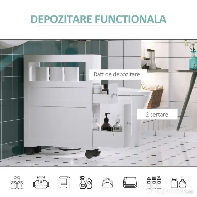 HOMCOM Mobilier Baie din Lemn, Rafturi și 2 Sertare, 16x52x66 cm, Design Modern, Alb | Aosom Romania