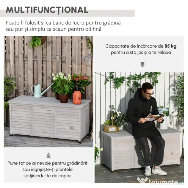 Outsunny Banca Lemn Gri 127×56×60 cm – Cu Spatiu de Depozitare