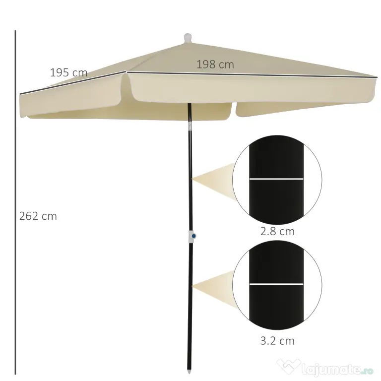 Outsunny Umbrelă de Grădină Pătrată, Reglabilă și Portabilă, Acoperiș Pătrat, 2x2m, Crem, Ușor de Asamblat | Aosom Romania