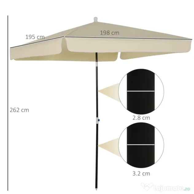 Outsunny Umbrelă de Grădină Pătrată, Reglabilă și Portabilă, Acoperiș Pătrat, 2x2m, Crem, Ușor de Asamblat | Aosom Romania