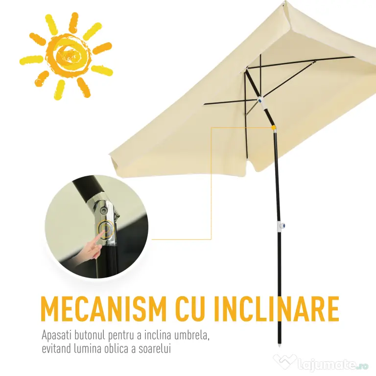 Outsunny Umbrelă de Grădină Pătrată, Reglabilă și Portabilă, Acoperiș Pătrat, 2x2m, Crem, Ușor de Asamblat | Aosom Romania