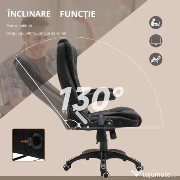 Vinsetto Fotoliu de masaj pentru birou sau acasa cu inaltime reglabila, 6 puncte de masaj si incalzire, 67L x 74P x 107-116Acm, negru | Aosom Romania