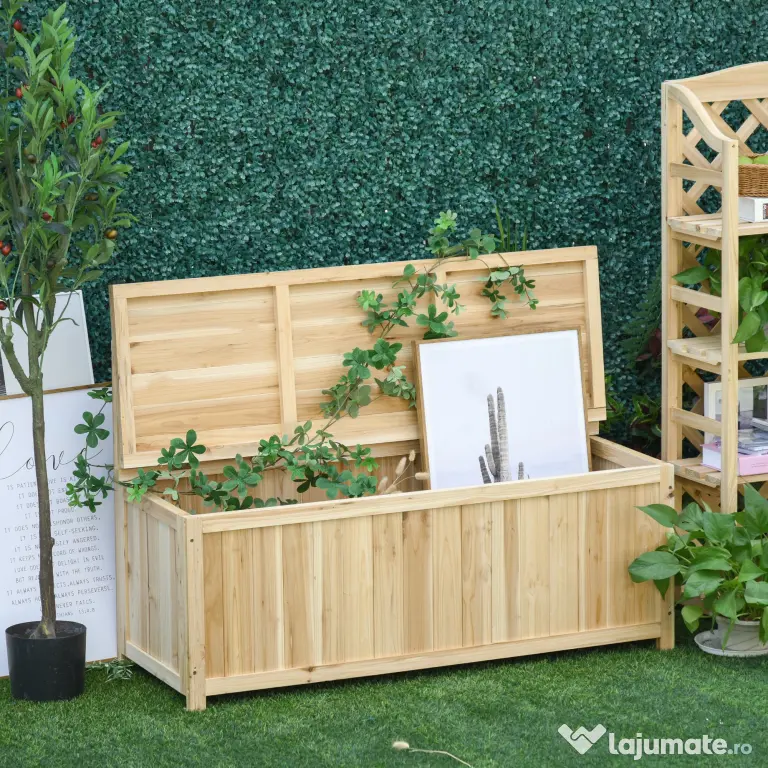 Outsunny Cufar container pentru Extern din Lemn de Brad Natural cu Spatar