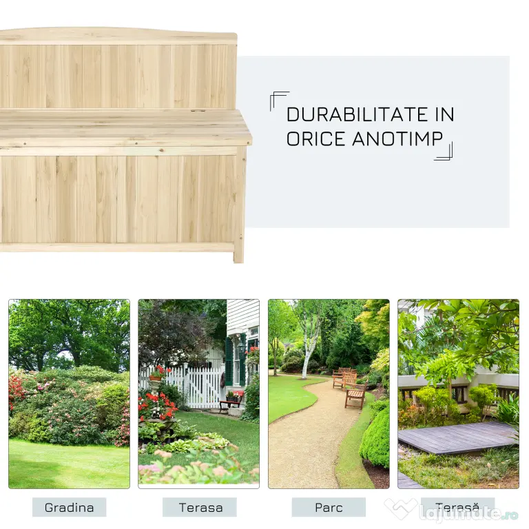 Outsunny Cufar container pentru Extern din Lemn de Brad Natural cu Spatar