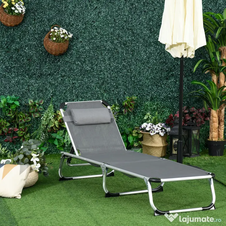 Outsunny Șezlong de plajă, Pliabil cu suport pentru cap, spătar reglabil, aluminiu și textilene, bej | Aosom Romania