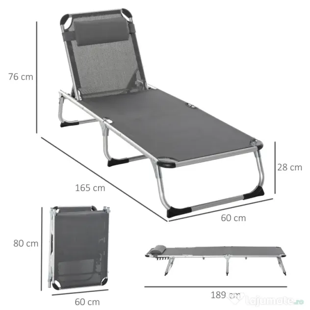 Outsunny Șezlong de plajă, Pliabil cu suport pentru cap, spătar reglabil, aluminiu și textilene, bej | Aosom Romania