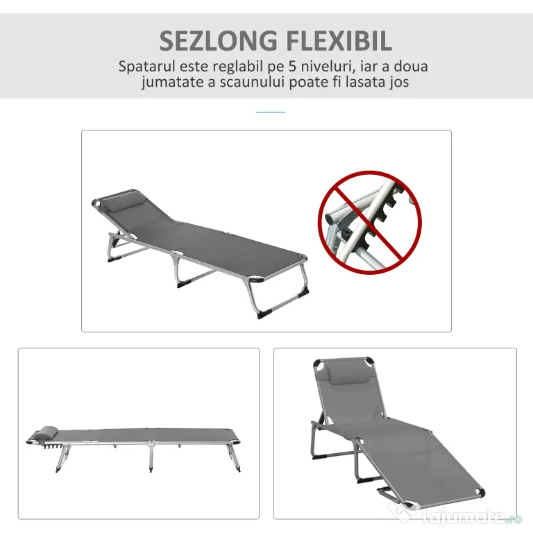 Outsunny Șezlong de plajă, Pliabil cu suport pentru cap, spătar reglabil, aluminiu și textilene, bej | Aosom Romania