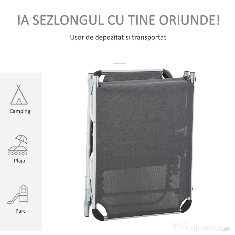 Outsunny Șezlong de plajă, Pliabil cu suport pentru cap, spătar reglabil, aluminiu și textilene, bej | Aosom Romania