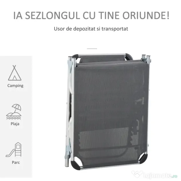 Outsunny Șezlong de plajă, Pliabil cu suport pentru cap, spătar reglabil, aluminiu și textilene, bej | Aosom Romania