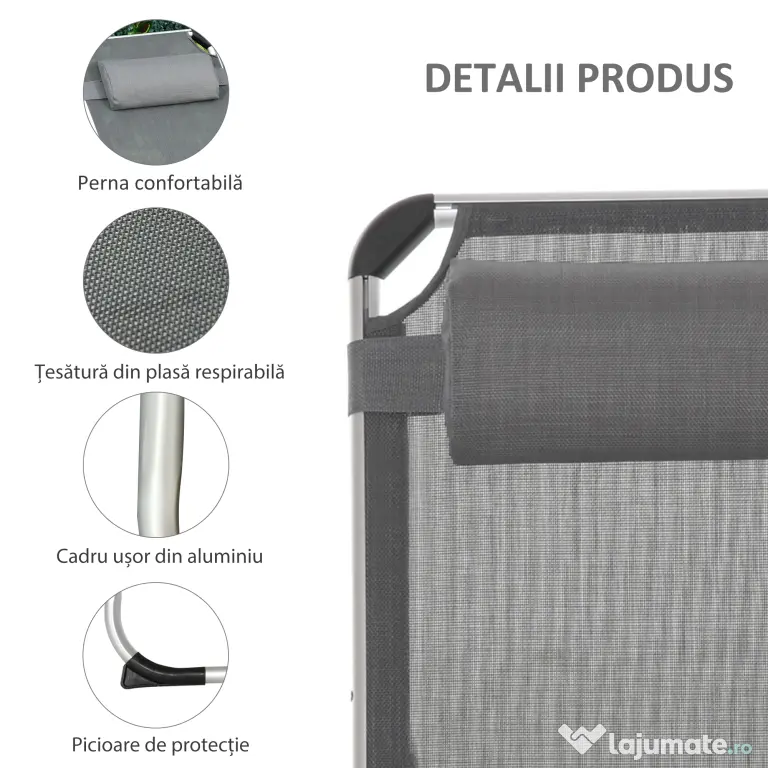 Outsunny Șezlong de plajă, Pliabil cu suport pentru cap, spătar reglabil, aluminiu și textilene, bej | Aosom Romania