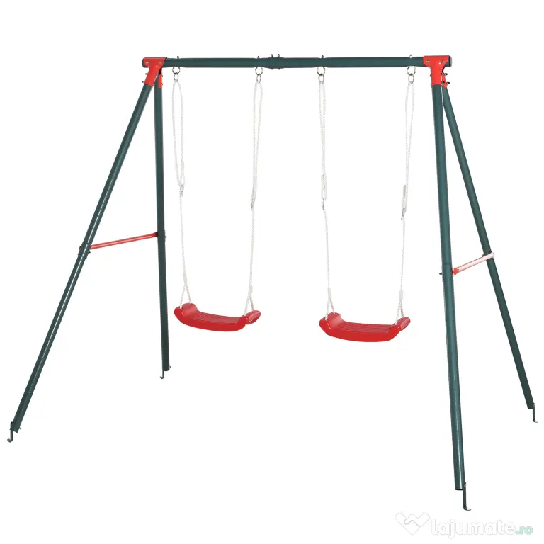 Outsunny Leagăn Dublu pentru Copii 3+ Ani cu Structură din Metal, Leagăn de Grădină cu Coardă Reglabilă, Joc de Exterior, Max 45 kg, 239x156x180 cm, Verde și Roșu | Aosom Romania