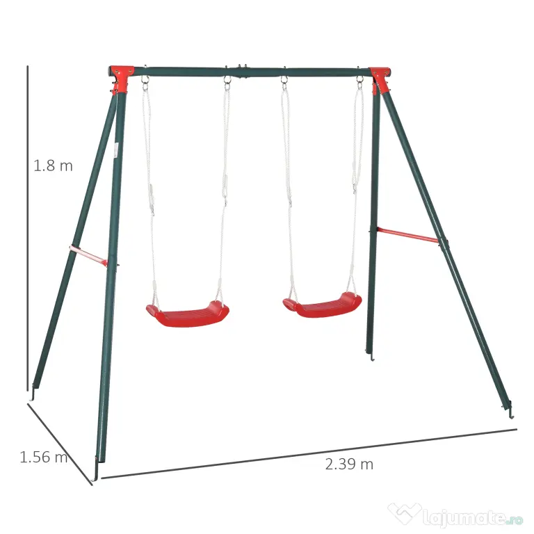 Outsunny Leagăn Dublu pentru Copii 3+ Ani cu Structură din Metal, Leagăn de Grădină cu Coardă Reglabilă, Joc de Exterior, Max 45 kg, 239x156x180 cm, Verde și Roșu | Aosom Romania
