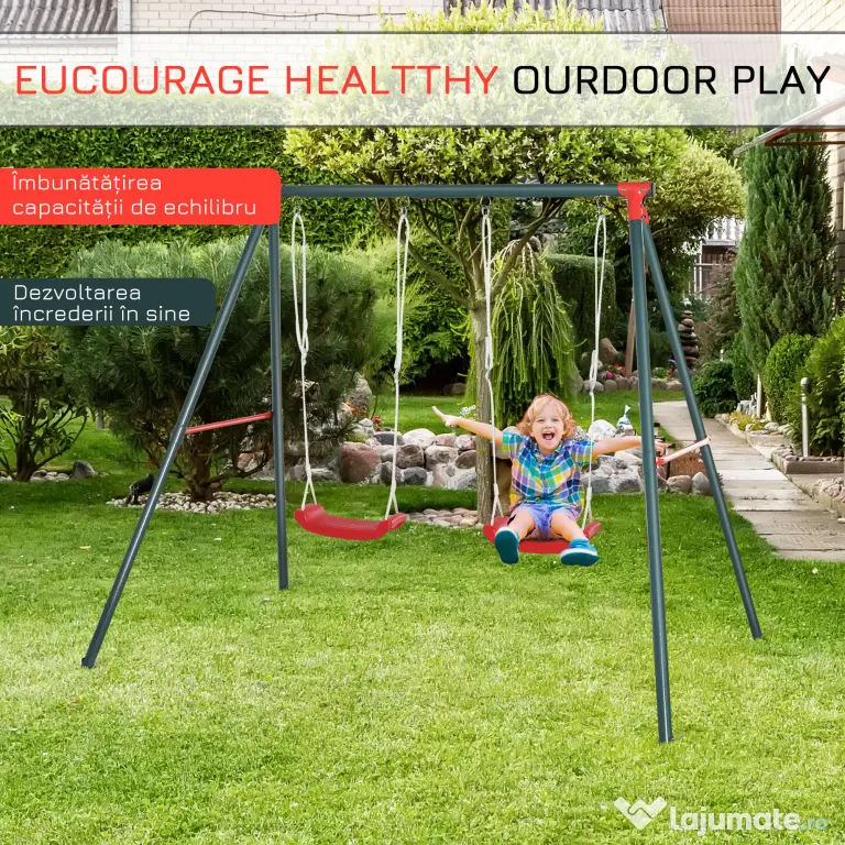 Outsunny Leagăn Dublu pentru Copii 3+ Ani cu Structură din Metal, Leagăn de Grădină cu Coardă Reglabilă, Joc de Exterior, Max 45 kg, 239x156x180 cm, Verde și Roșu | Aosom Romania