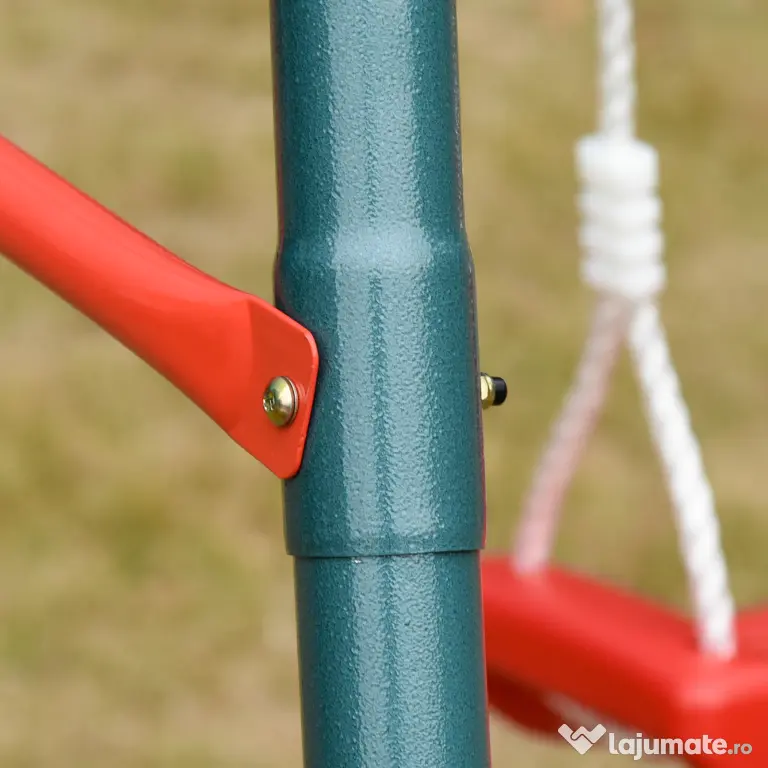 Outsunny Leagăn Dublu pentru Copii 3+ Ani cu Structură din Metal, Leagăn de Grădină cu Coardă Reglabilă, Joc de Exterior, Max 45 kg, 239x156x180 cm, Verde și Roșu | Aosom Romania