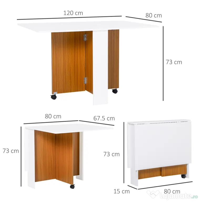 HOMCOM Masă de Prânz Pliabilă cu Roți, Mobilier Bucătărie Spațiu-Eficient, Alb, 120x80x73 cm | Aosom Romania