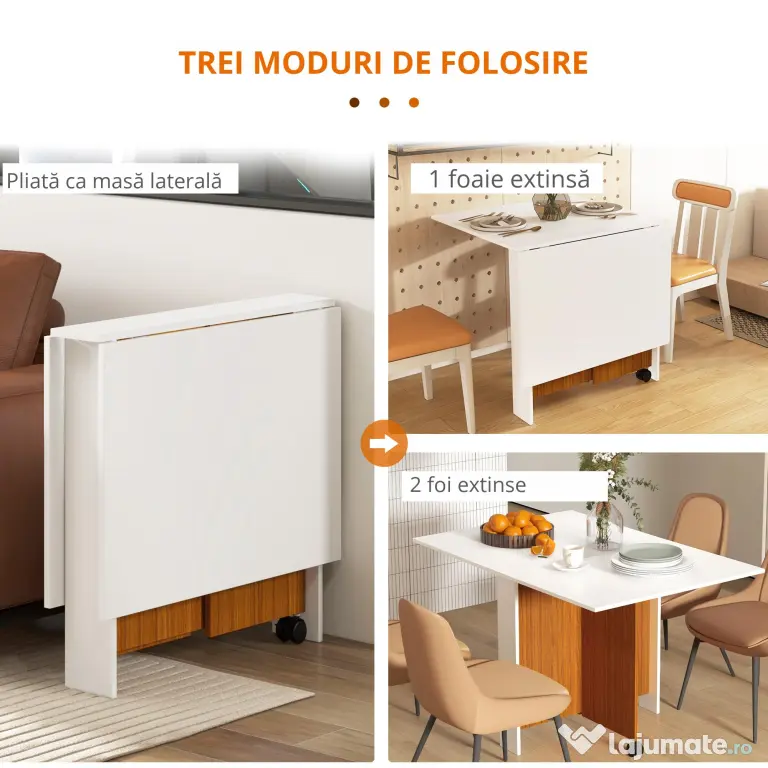 HOMCOM Masă de Prânz Pliabilă cu Roți, Mobilier Bucătărie Spațiu-Eficient, Alb, 120x80x73 cm | Aosom Romania