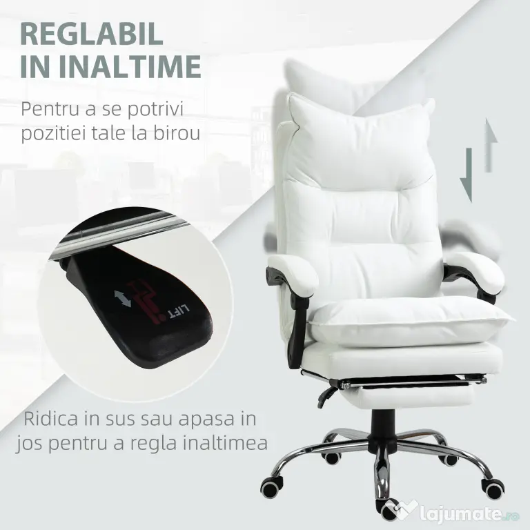 Fotoliu de Birou Vinsetto, Alb, Inaltime Ajustabila, Spatar Rabatabil la 155° | Aosom Romania