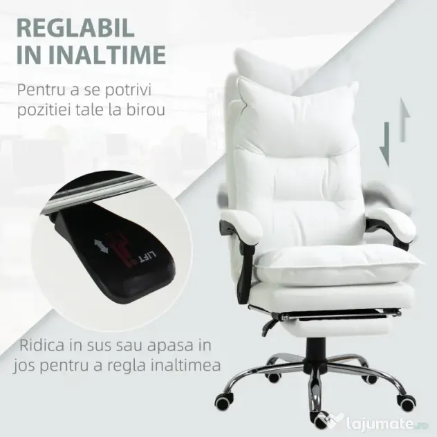 Fotoliu de Birou Vinsetto, Alb, Inaltime Ajustabila, Spatar Rabatabil la 155° | Aosom Romania
