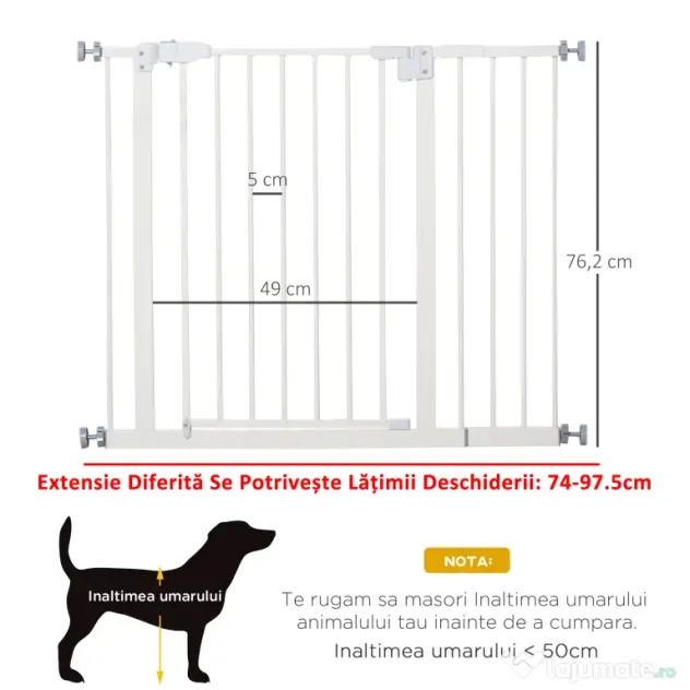 PawHut Poartă Extensibilă pentru Câini cu Montare prin Presiune, Barieră Închidere Automată și Extensie, 86x76.2 cm, Alb | Aosom Romania