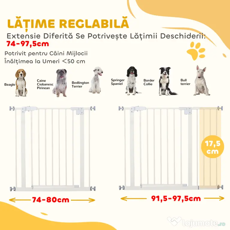 PawHut Poartă Extensibilă pentru Câini cu Montare prin Presiune, Barieră Închidere Automată și Extensie, 86x76.2 cm, Alb | Aosom Romania
