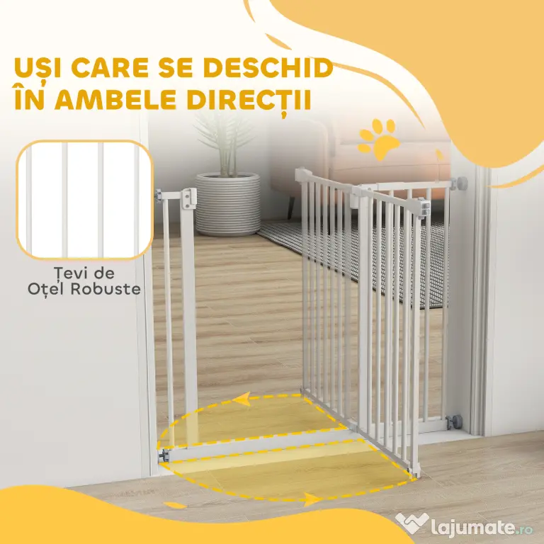 PawHut Poartă Extensibilă pentru Câini cu Montare prin Presiune, Barieră Închidere Automată și Extensie, 86x76.2 cm, Alb | Aosom Romania