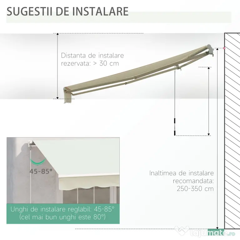 Outsunny Copertină Rulou Manuală pentru Uși și Ferestre, din Aluminiu și Poliester Anti-UV, 295x245cm, Alb | Aosom Romania