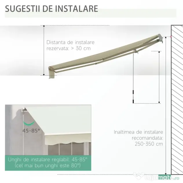 Outsunny Copertină Rulou Manuală pentru Uși și Ferestre, din Aluminiu și Poliester Anti-UV, 295x245cm, Alb | Aosom Romania