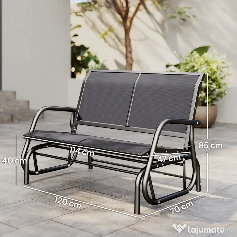 Outsunny Banca Tip Leagan 2 Locuri din Metal, Negru, 123x70x87 cm | Aosom Romania